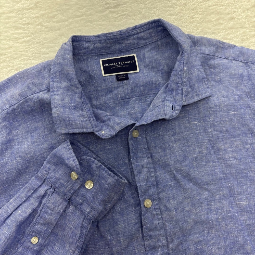 Charles Tyrwhitt Mens XXL Blue 100% Linen Long Sleeve Classic Fit Shirt